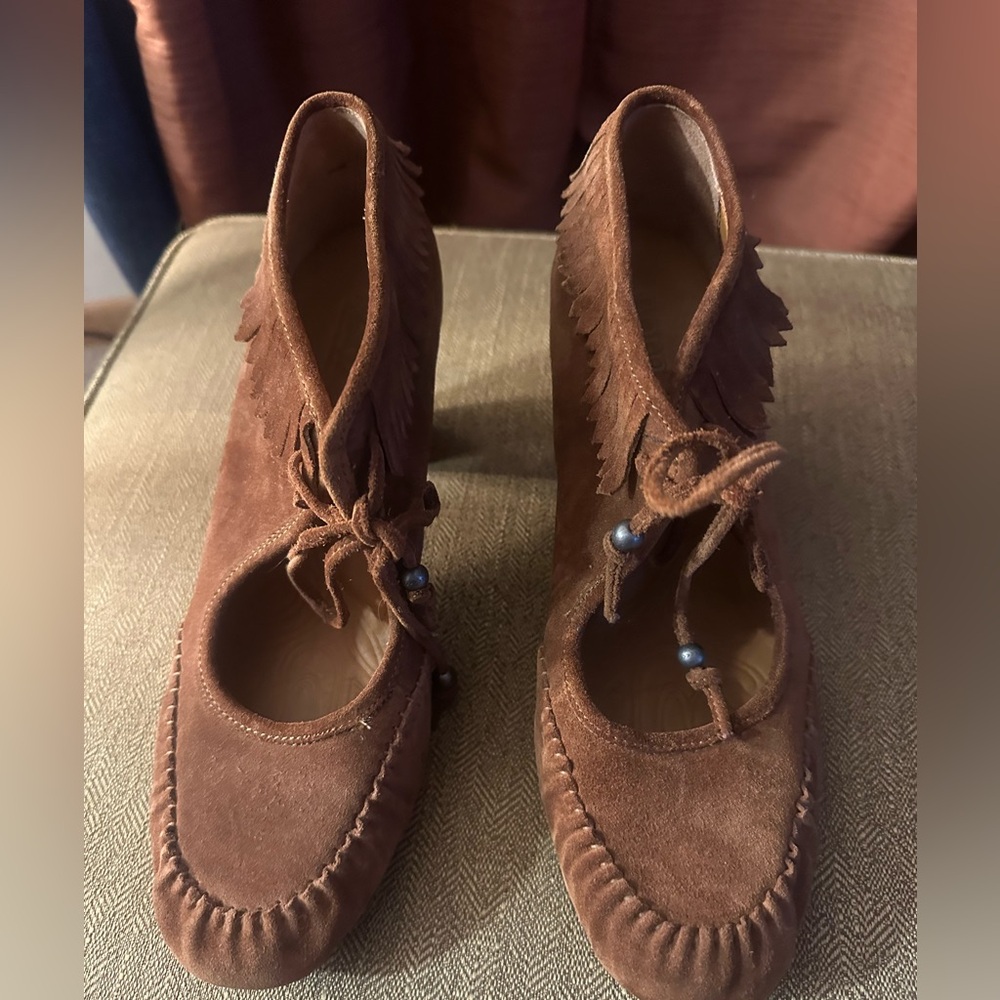 Born Brown Suede Fringe Moccasin Heels